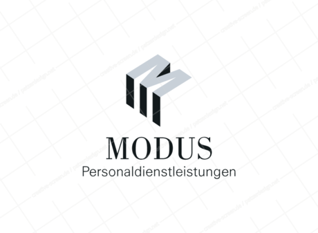 Das komplette Logo der Frankfurter Personalvermittlungsfirma bildet das kompakte dreidimensionale M-Signet in zwei Farben ab. Schwarz und technisches Grau. Als Claim dient der Schriftzug MODUS und Personaldienstleistungen in Schwarz.