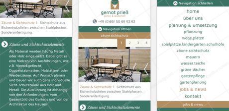 Mobiles Webdesign der Firma für Garten und Landschaftsbau in Frankfurt am Main und Rhein-Main-Gebiet. Logo und Kontakt sind sichtbar platziert. Navigation und Text können geöffnet und minimiert werden. Bilderpäsentation bleibt in der Gestaltung markant.
