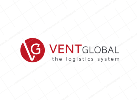 Firmenlogo des Softwareherstellers für Logistikunternehmen ist zweifarbig. Das runde Emblem und Wort Vent sind im kräftigen Rot. Das Wort Global und der Claim the logistics system sind in Anthrazitgrau. Das Icon besteht aus der Verbindung von V und G.