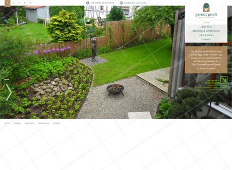 Gestaltung der Homepage einer Firma für Landschaft- und Gartenbau enthält einen Slider mit vollformatigen Bildern.  Webdesign füllt den ganzen Bildschirm. Zwischen Bildern kann per Button gewechselt werden. Kontaktdaten sind oberhalb sichtbar platziert.